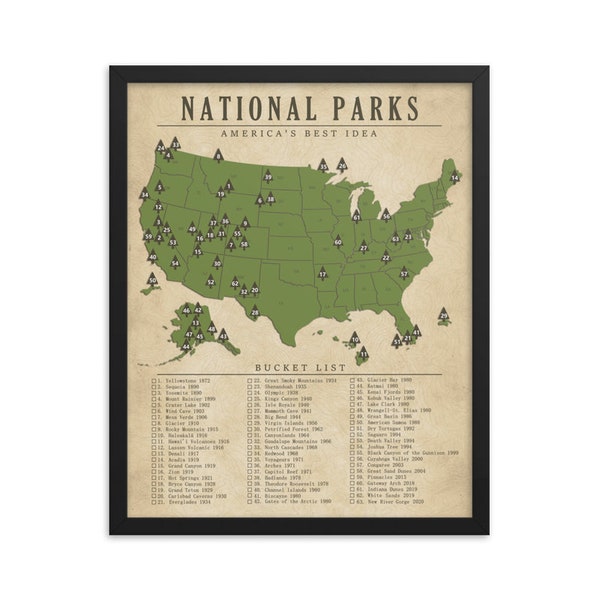 National Park Checklist Map Poster | Vintage Style | All 63 | Christmas Gift, Home Decor