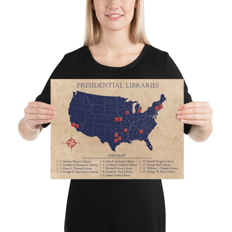 Presidential Libraries Checklist Map Poster Vintage Style Etsy