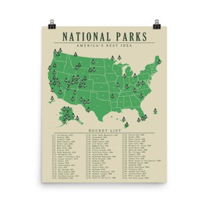 National Park Map Checklist Poster, All 63 Parks, Map Art, Gift for Hiker or National Park Lover, Home or Office Decor