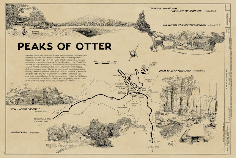 Peaks of Otter Blue Ridge Parkway Map Poster - Etsy