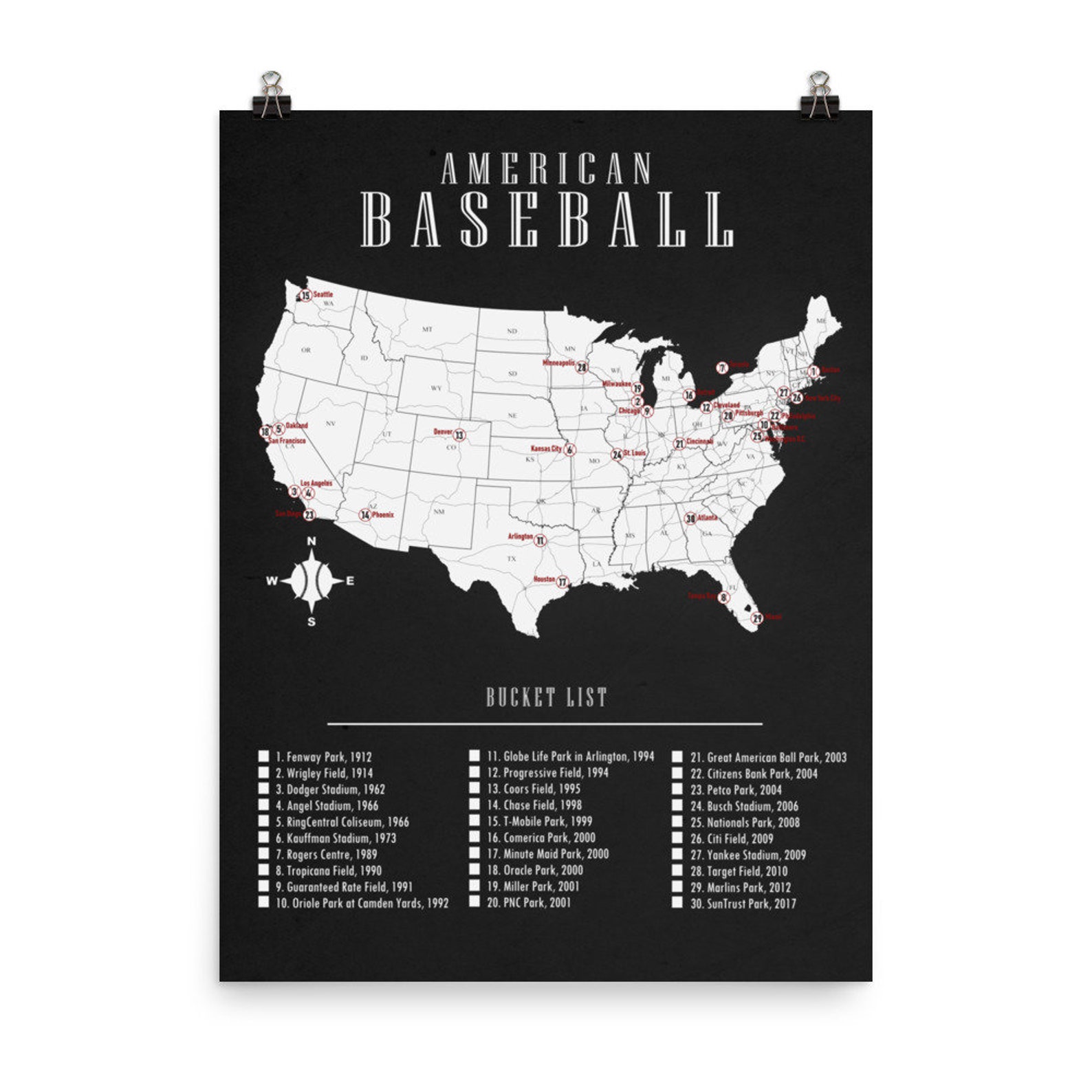 MLB Baseball Stadium Checklist Map Poster Updated Names 2019 Gift for
