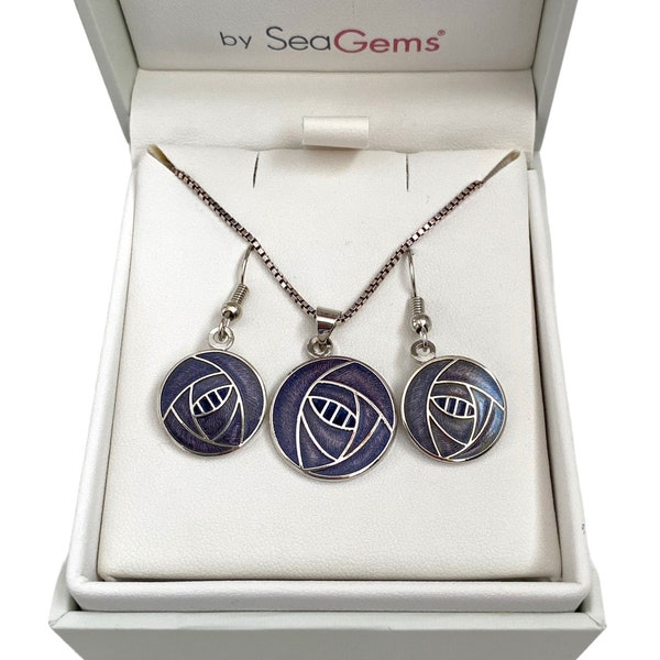 Celtic Mackintosh Sea Gems Enamel Pendant 925 Silver Chain Necklace matching Earrings - Boxed