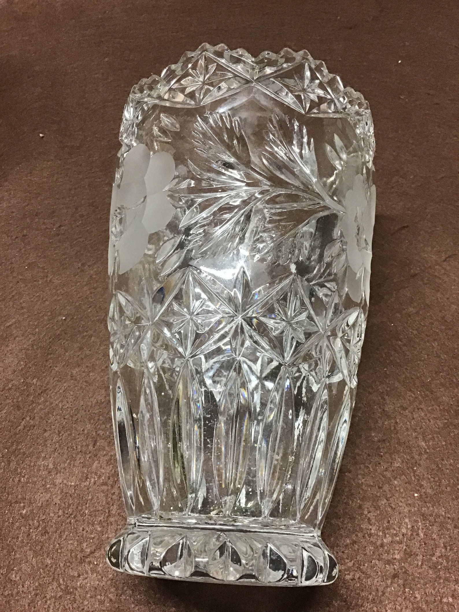 Vintage 7 inch heavy Crystal vase. Frosted Rose and stars Etsy