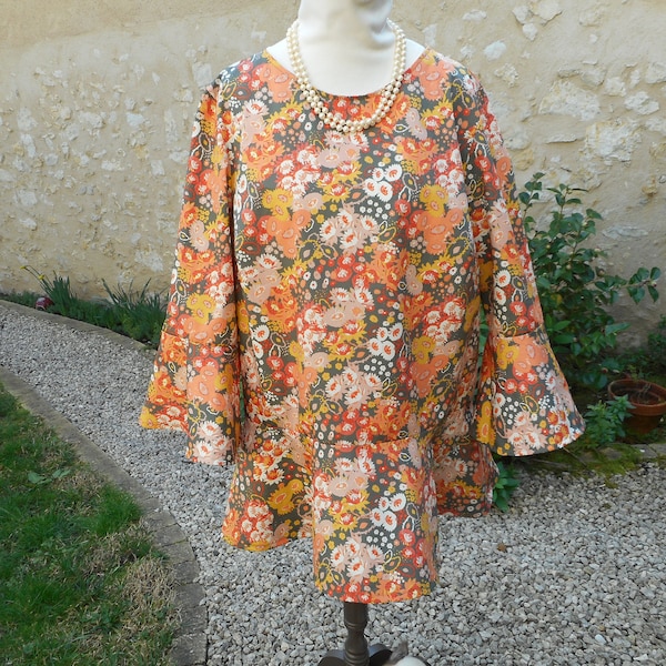 Tunique femme coton à fleurs orange et kaki taille 44 au 46 ou tunique plage orange taille XL ou blouse femme grande taille fait main