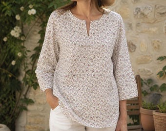 Women's Japanese-style tunic in floral cotton, minimalist blouse