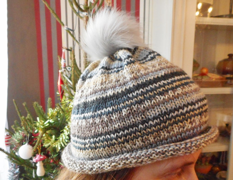 Women/'s blue handmade gray and brown knitted hat with gray pompom -handmade grey and brown with grey pompom Women/'s hat knitted blue