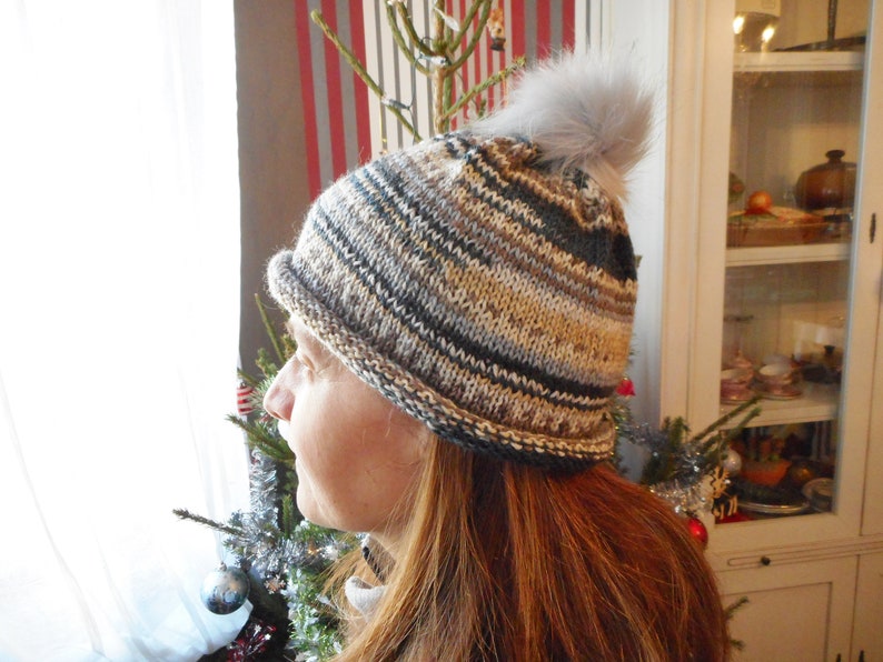 Women/'s blue handmade gray and brown knitted hat with gray pompom -handmade grey and brown with grey pompom Women/'s hat knitted blue