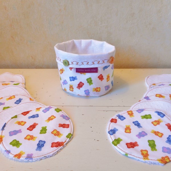 Lot de 12 lingettes lavables pour bébé avec panier en tissu coton bio fait main