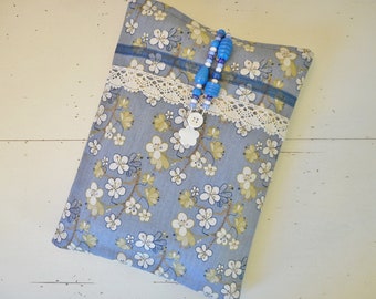 Large format book pouch in blue floral fabric Handmade book cover