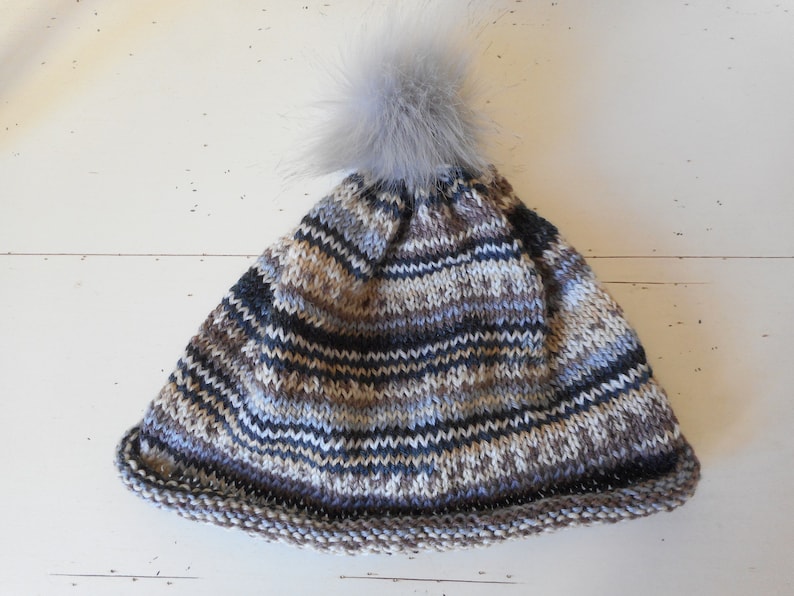 Women/'s blue handmade gray and brown knitted hat with gray pompom -handmade grey and brown with grey pompom Women/'s hat knitted blue