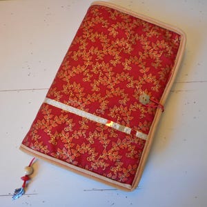 Book cover for large format book 14 cm x 21 cm Red fabric book cover with plant motifs Handmade