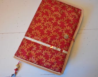 Funda para libro de gran formato 14 cm x 21 cm Funda de libro de tela roja con motivos vegetales Hecha a mano