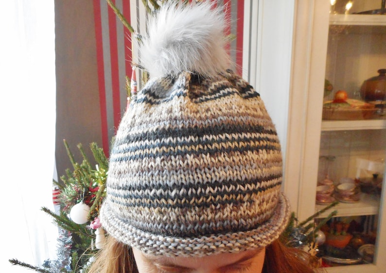 Women/'s blue handmade gray and brown knitted hat with gray pompom -handmade grey and brown with grey pompom Women/'s hat knitted blue
