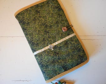 Funda para libro Funda protectora para libro de gran formato 14 cm x 21 cm o funda para libro en tela verde con motivos vegetales Hecho a mano