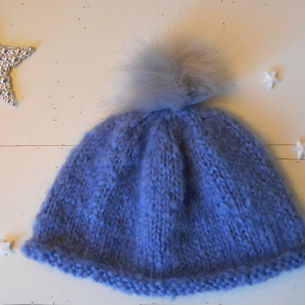 Bonnet en laine Mohair pour femme tricoté main bleu avec pompon gris