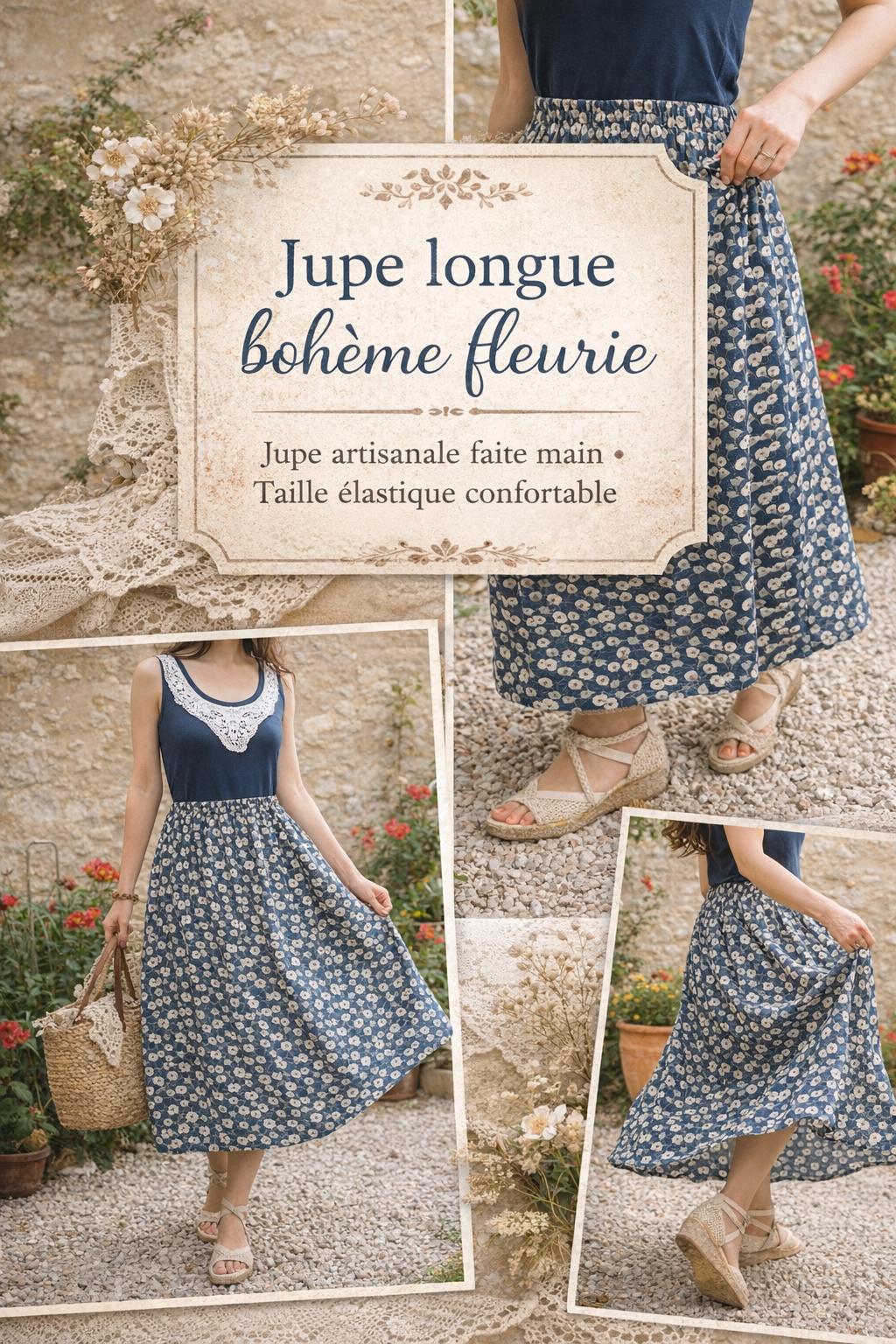 JENJON Jupe Longue Bohème 2 En 1 Pour Femme - Motif Floral, Taille élastique, Légère Et Fluide - Idéale Pour Les Loisirs, Les Vacances, Look Vintage