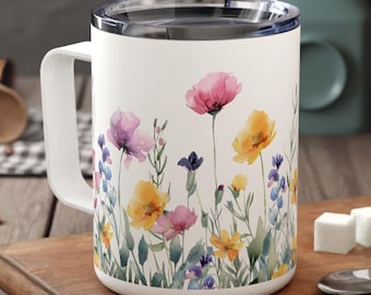 Floral Insulated Coffee Mug: Stainless Steel Travel Mug, 10oz