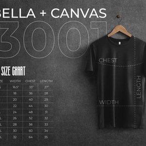 Op de afbeelding: Een maattabel voor Bella + Canvas 3001 T-shirts, met de maten in inches voor borst, breedte en lengte voor maten XS tot 5XL.