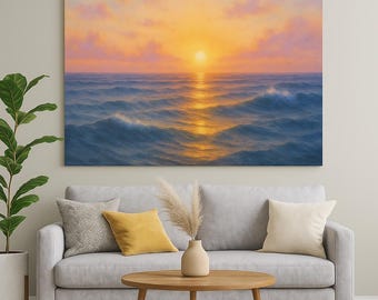 Könnte beinhalten: Ein großer Leinwanddruck zeigt eine Meereslandschaft bei Sonnenuntergang. Die Sonne spiegelt sich im Wasser und erzeugt einen goldenen Pfad. Der Himmel wechselt von Orange zu Rosa, mit blauen Wellen im Vordergrund. Das Kunstwerk wird über einem grauen Sofa ausgestellt.