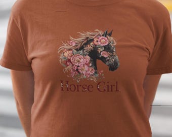 T-shirt paard meisje: bloemen paardenhoofd, ruitercadeau
