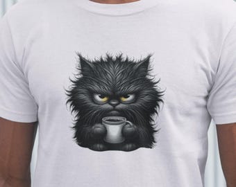 May include: A black cat with a grumpy expression holds a white coffee mug. The cat has a lot of fur and is looking directly at the viewer.