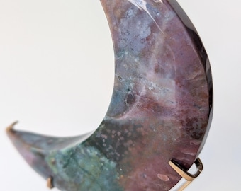 Ocean Jasper Crescent Moon Carvings with Gold Stand