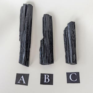 May include: Three black tourmaline crystals of varying sizes are displayed against a white background. Each crystal has a rough, textured surface with vertical striations. Small black cards labeled A, B, and C are placed below the crystals.