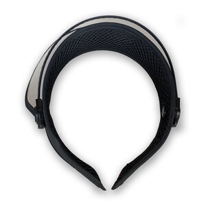 May include: A black visor with a white stripe along the top edge. The visor has a mesh interior for breathability and a curved design. The adjustable strap is black and has a snap closure.