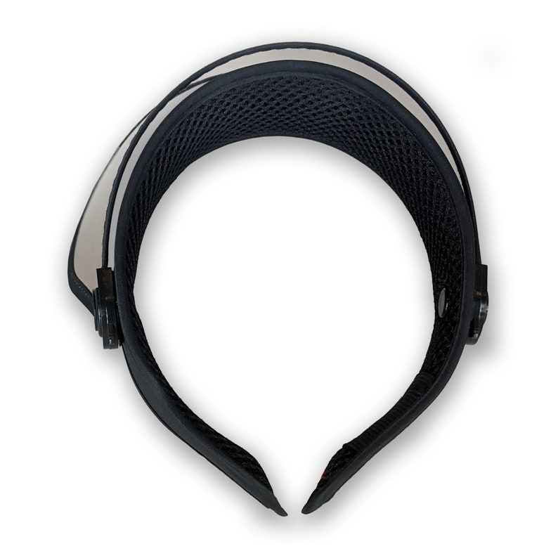 May include: A black visor with a white stripe along the top edge. The visor has a mesh interior for breathability and a curved design. The adjustable strap is black and has a snap closure.