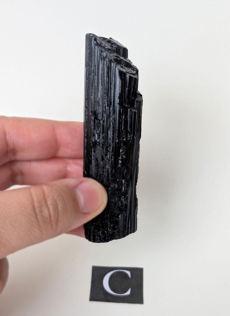 May include: A raw, black tourmaline crystal held against a white background. The crystal is a deep, glossy black with visible striations and a rough, textured surface. A small card with the letter "C" is at the bottom.