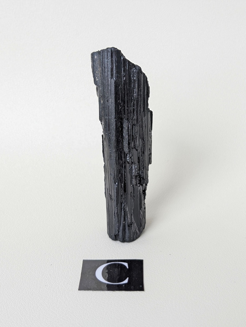 May include: A raw, black tourmaline crystal stands upright against a white background. The crystal has a rough, textured surface with vertical striations. A small black rectangle with the letter "C" in white is at the base of the crystal.