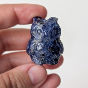 May include: A small, carved owl figurine in shades of blue and white. The owl has large, round eyes and a textured surface. The figurine is held in a hand against a white background.