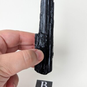 May include: A black tourmaline crystal held in a hand. The crystal is a dark, opaque color with a striated texture. A small black and white label with the letter "B" is in the foreground.