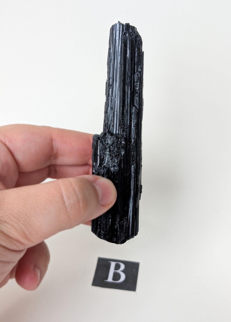 May include: A black tourmaline crystal held in a hand. The crystal is a dark, opaque color with a striated texture. A small black and white label with the letter "B" is in the foreground.