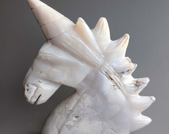 White Agate Chalcedony Unicorn Carving - Crystal Decor - Fantasy Collectible - Hand Carved Display Piece
