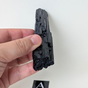 May include: A raw, black tourmaline crystal held against a white background. The crystal is a dark, opaque color with a rough, textured surface. A small label with the letter "A" is visible.