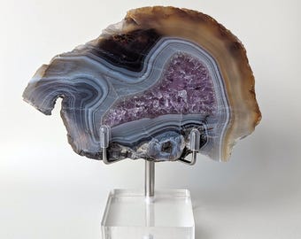 Agate Amethyst Geode Slice with Stand – Natural Banded Crystal Display