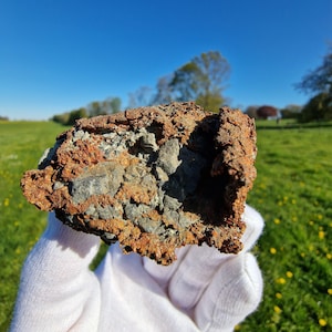 Peut inclure: Fragment de roche patinée aux multiples tons, avec une surface rugueuse et texturée. La roche présente des nuances de brun, d'orange et de gris, avec des formations granulaires et stratifiées visibles. L'objet est tenu dans une main gantée de blanc, sur fond d'herbe verte et de ciel bleu.