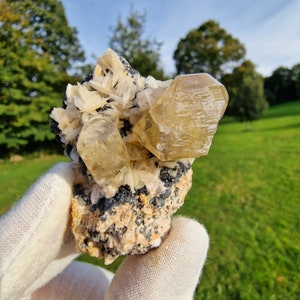 Könnte beinhalten: Ein Cluster aus hellbraunen und klaren Quarzkristallen auf einer Matrix aus dunkelgrauem und schwarzem Gestein. Die Kristalle sind durchscheinend und haben einen glasartigen Glanz.