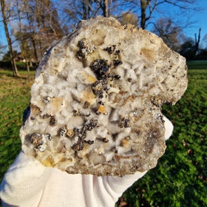 May include: A large, irregularly shaped rock with a white, crystalline surface. The rock is covered in small, black crystals and has a few larger, yellow crystals.