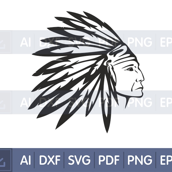 Digital files Vector items Indian files Indian mascot Native american svg USA native indian Headdress feathers Indian head silhouette Decor