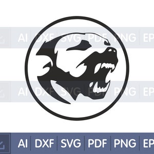 Könnte beinhalten: Schwarz-weiße Silhouette eines knurrenden Hundekopfes in einem Kreis.