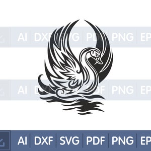 May include: Black and white swan illustration with stylized wings and water details. The design is a vector graphic, suitable for various digital applications. The image includes text indicating file formats: AI, DXF, SVG, PDF, and PNG.