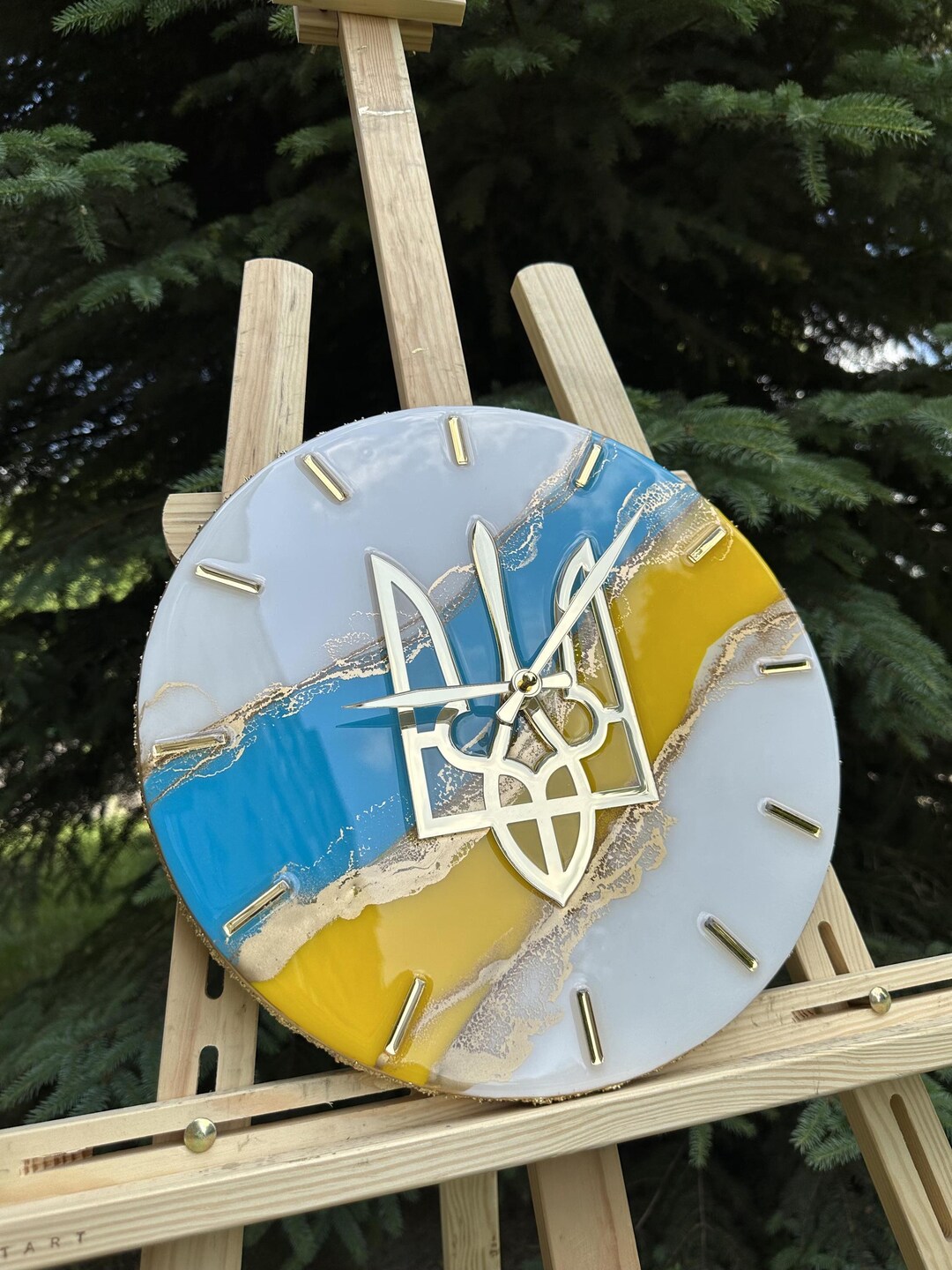Epoxy Resin Wall Clock Ukrainian Style Blue and Yellow With Gold ...