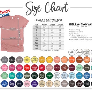 May include: Size chart for Bella + Canvas 3001 unisex jersey t-shirts. The chart shows measurements in inches for width, chest, and length for sizes XS to 5XL. The chart also includes information about the fabric composition and care instructions.
