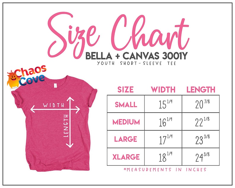 May include: Size chart for Bella + Canvas 3001Y youth short-sleeve tee. The chart shows the width and length measurements in inches for sizes small, medium, large, and x-large.