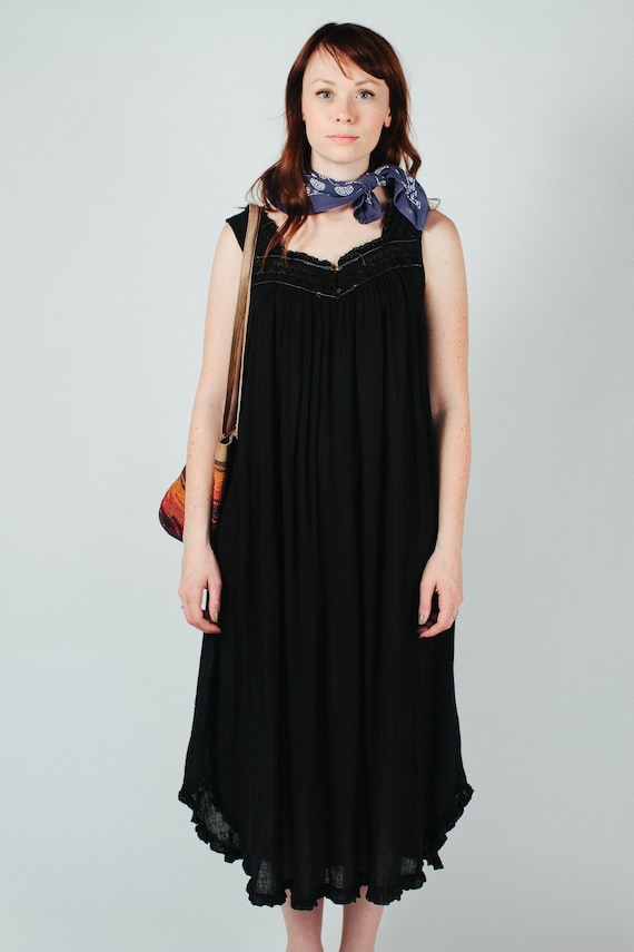 Vintage Black Gauze Nightgown Vacation Dress XS-L