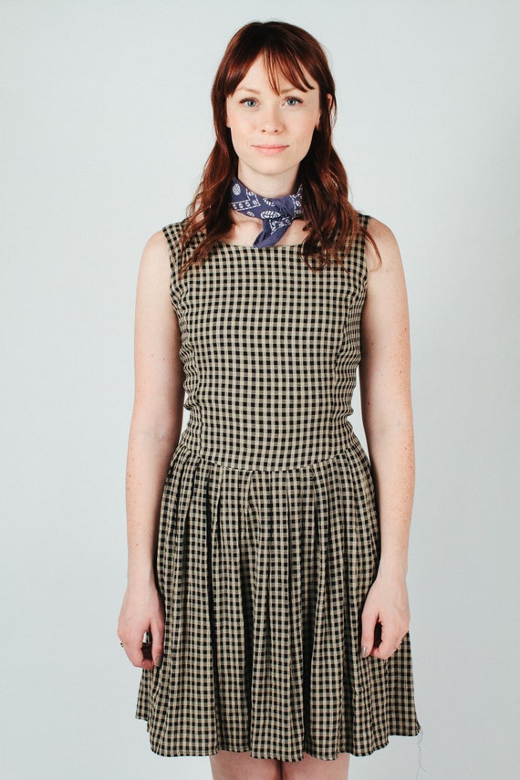Vintage Black and Beige Plaid Dress with Back Tie
