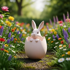 May include: A white rabbit figurine peeking out of a pale pink eggshell, surrounded by a garden of colourful wildflowers. The bunny has long ears and is looking forward. The scene evokes a sense of spring and Easter.