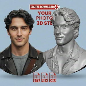 Może przedstawiać: Obraz przedstawia ofertę pobrania cyfrowego pliku 3D STL ze zdjęcia. Pokazuje realistyczne kolorowe zdjęcie obok renderowanego w 3D popiersia. Formaty plików to STL, FBX i OBJ. Tekst "POBIERANIE CYFROWE" znajduje się na czerwonym banerze.